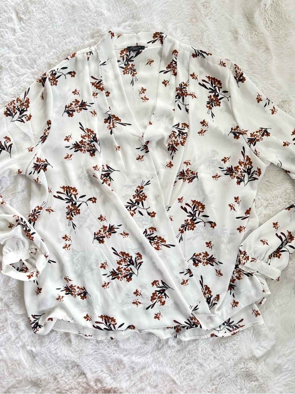 Ann Taylor Loft Ivory Faux Wrap Blouse ~Black and Brown Floral